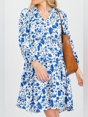 Blue Floral V-Neck Tiered Women’s Dress